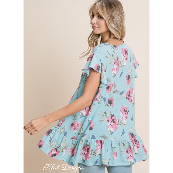 LAST 1! V Neck French Terry Ruffle Floral Top - Picture 7 of 8